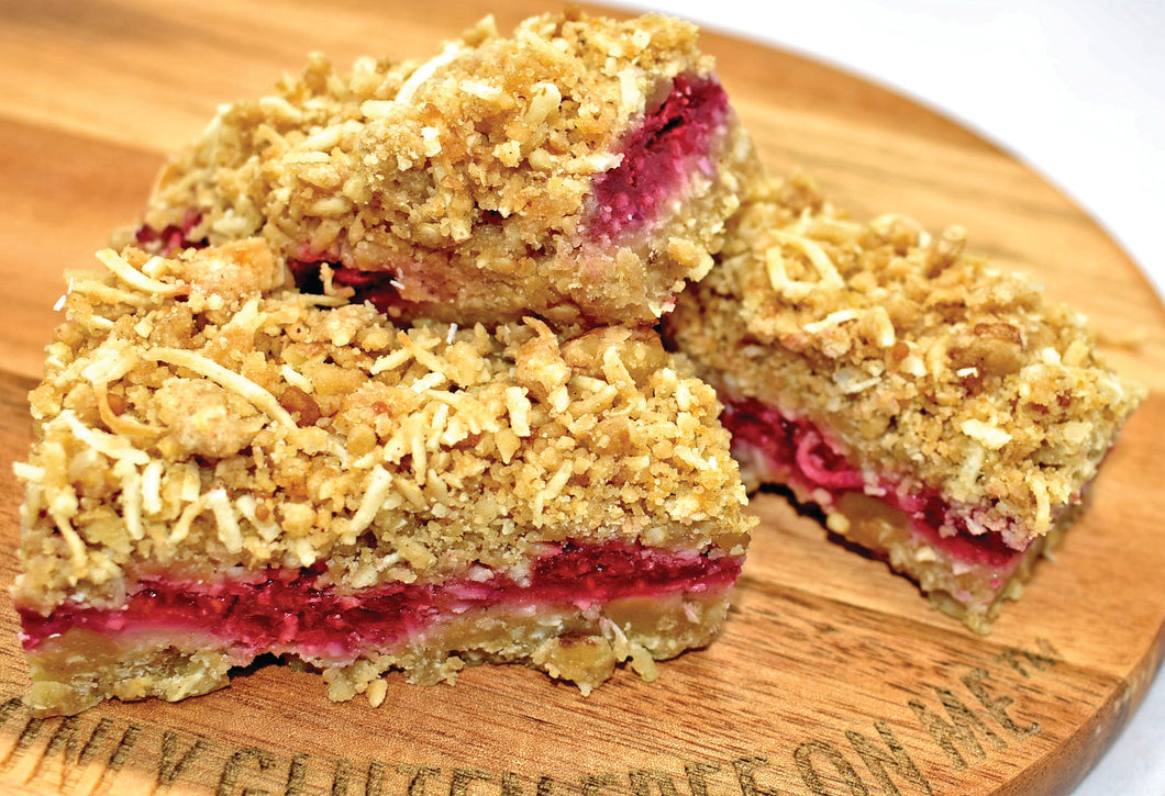 Raspberry Quinoa Crumble Slice 24-piece-slab (GF, Vegan)